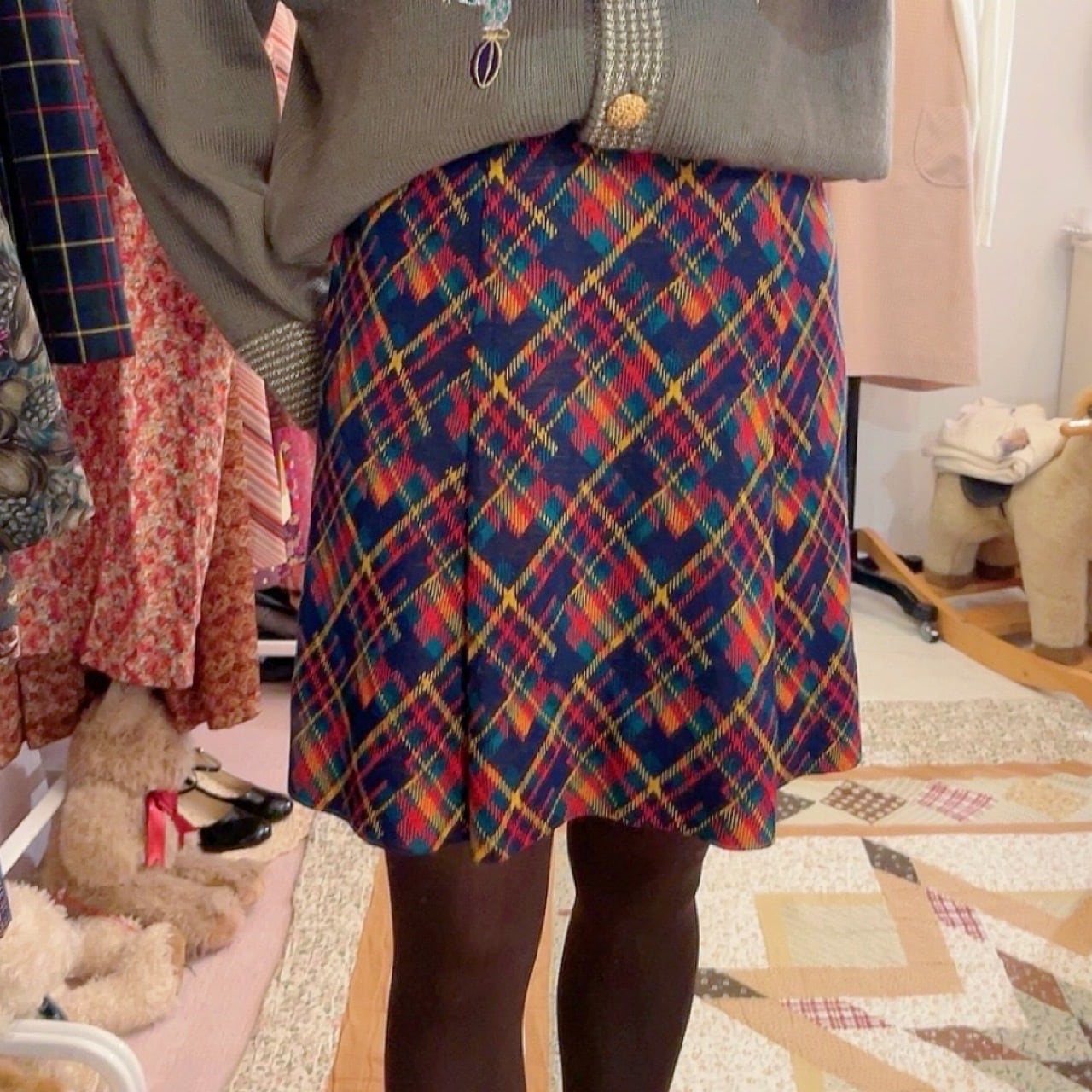 navy orange check mini tuck skirt