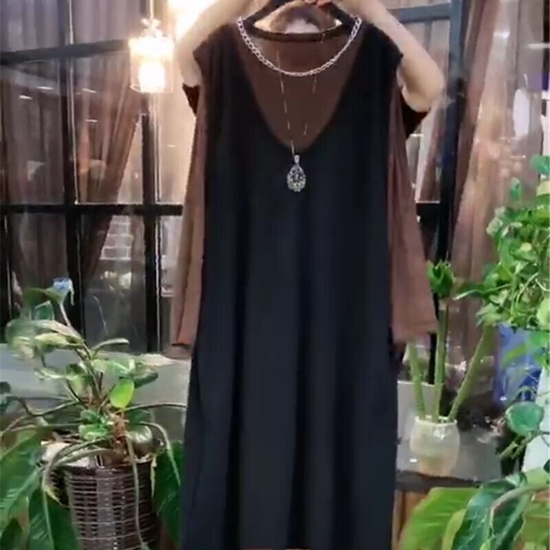 ファットプラスサイズ婦人服ファットシスター秋新ラウンドネックTシャツボトミングシャツウエスタンスタイルスリミングベストドレス ミックスインファッション39338508833