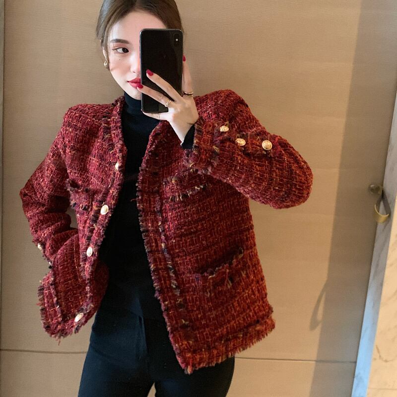 ツィードショートコート オータムウィンターレッドスタイルブラウス 秋物 冬物 ブラックストロベリース48631681240