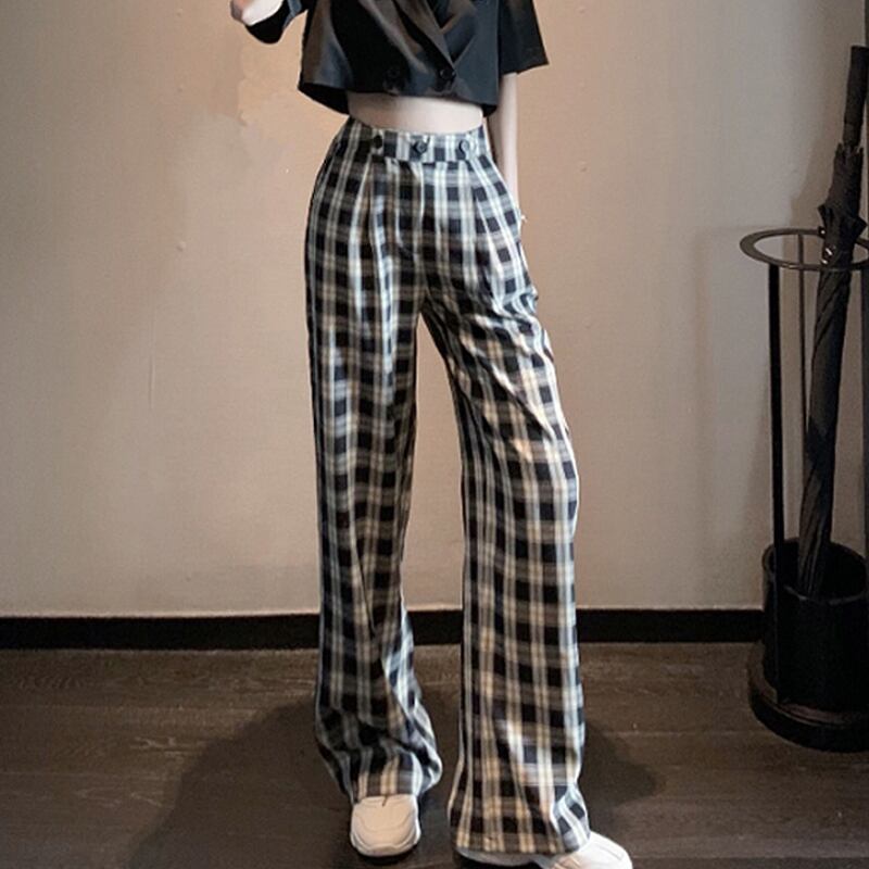 格子柄パンツ ルーズスプリングオータムカジュアルハイウェストウェスト薄手ワイドレッグ 春物 秋物 ワイドパンツ 試着室33674832502