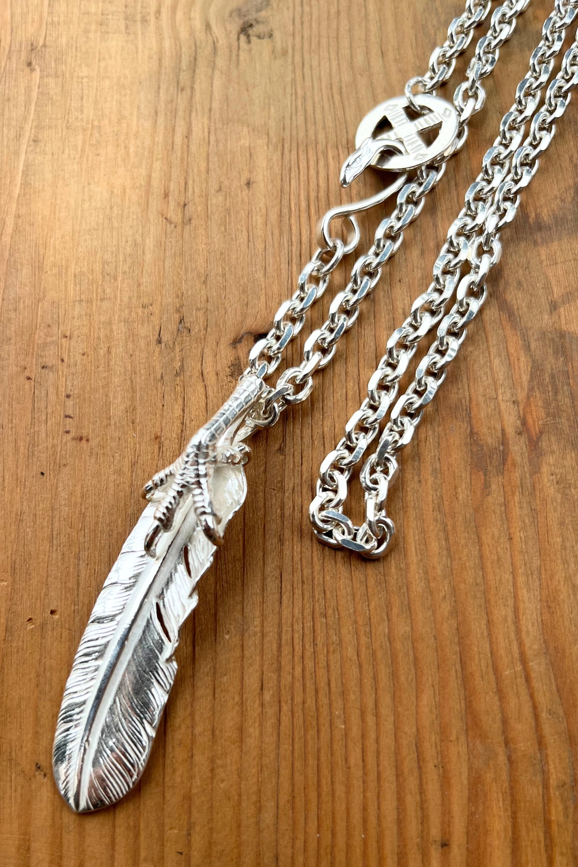 go62 銀爪付特大フェザー【太角】50cmチェーン（イーグルフック、ホイール付き）カスタム