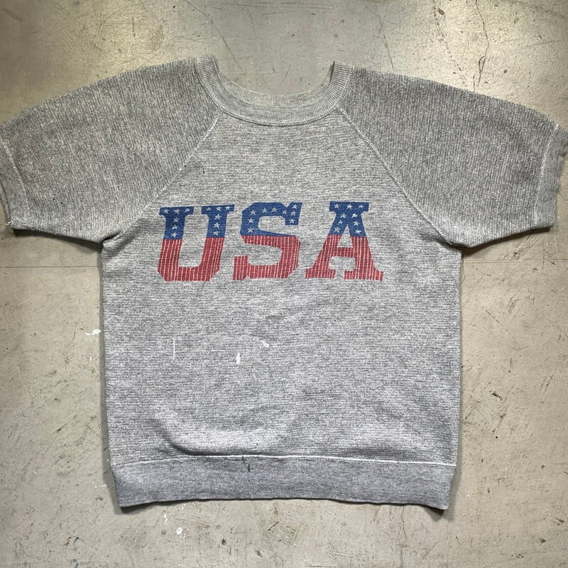 60's~70's Unknown 半袖スウェットシャツ ラグランスリーブ USA 染込みプリントTee 杢グレー 星条旗 ヒッピー S~M 希少  ヴィンテージ BA-1525 RM1944H | agito vintage powered by BASE