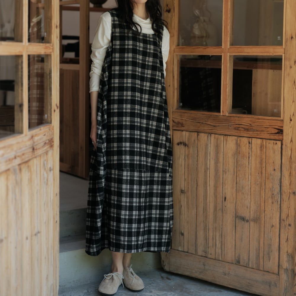 チェック柄コクーンノースリーブドレス M1908