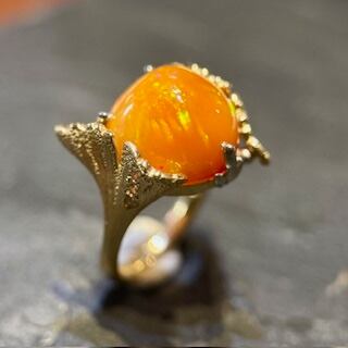メキシコファイヤーオパールリング イチョウの葉 アンティーク