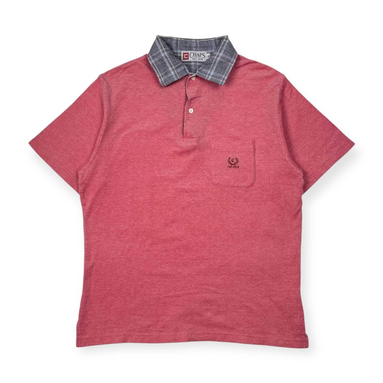 90s CHAPS チャップス 切替 チェック 鹿の子 半袖 ポロシャツ L/レッド系 メンズ ビンテージ 日登美