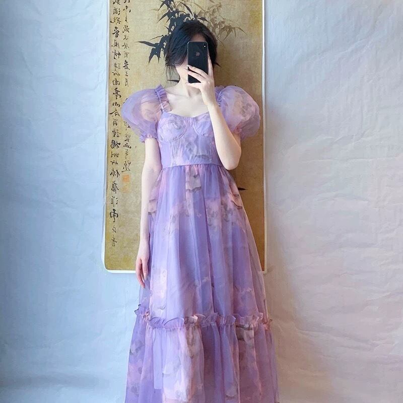 ワンピース レディース XS S M L XL パープルピンク 紫 花柄 フラワー