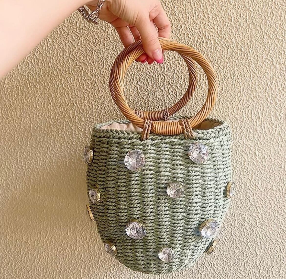 3color / ビジューデザインラタンバケットバッグ