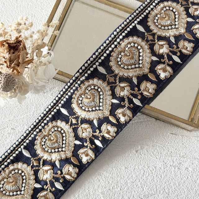 新色 クラシックハート　[ネイビー]　インド刺繍リボン 3333