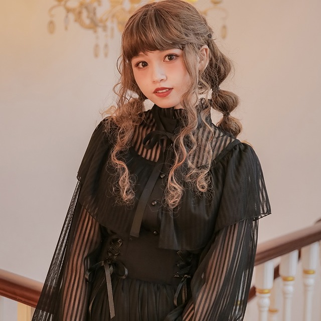 ゴスロリ通販 With U ゴスロリ 星空 ブラウス DollyDelly シフォン シアー 透け感 ネックギャザー 袖コンシャス 上品 豪華