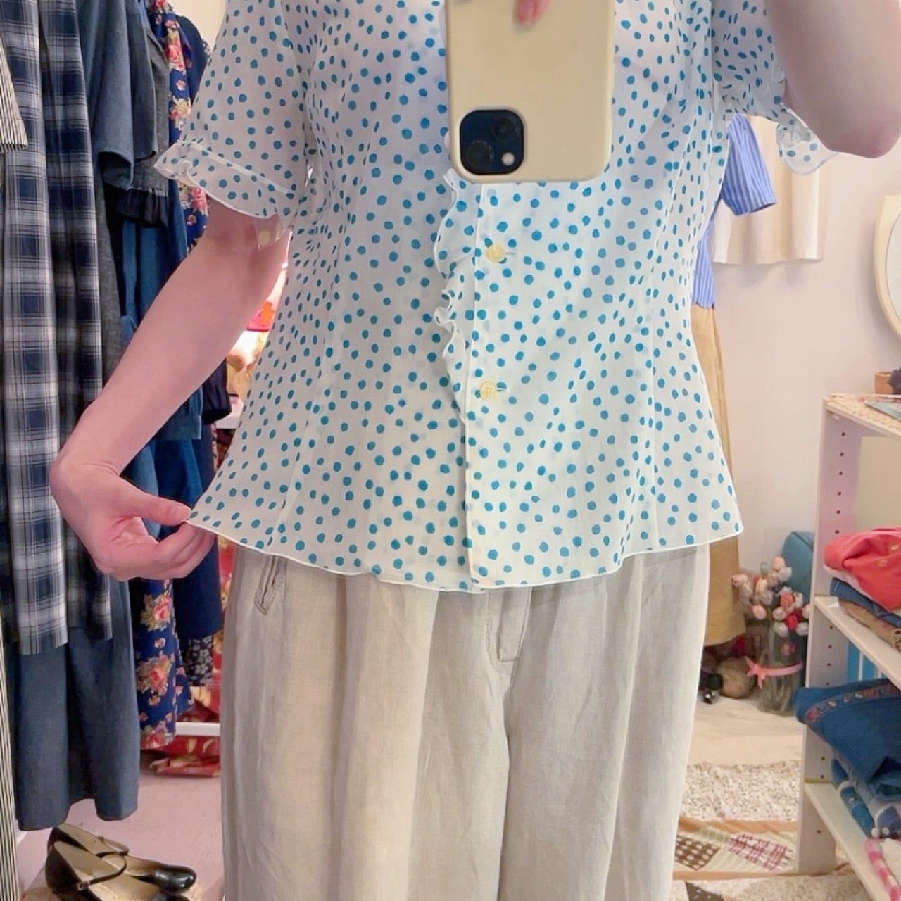 water blue dot frill blouse