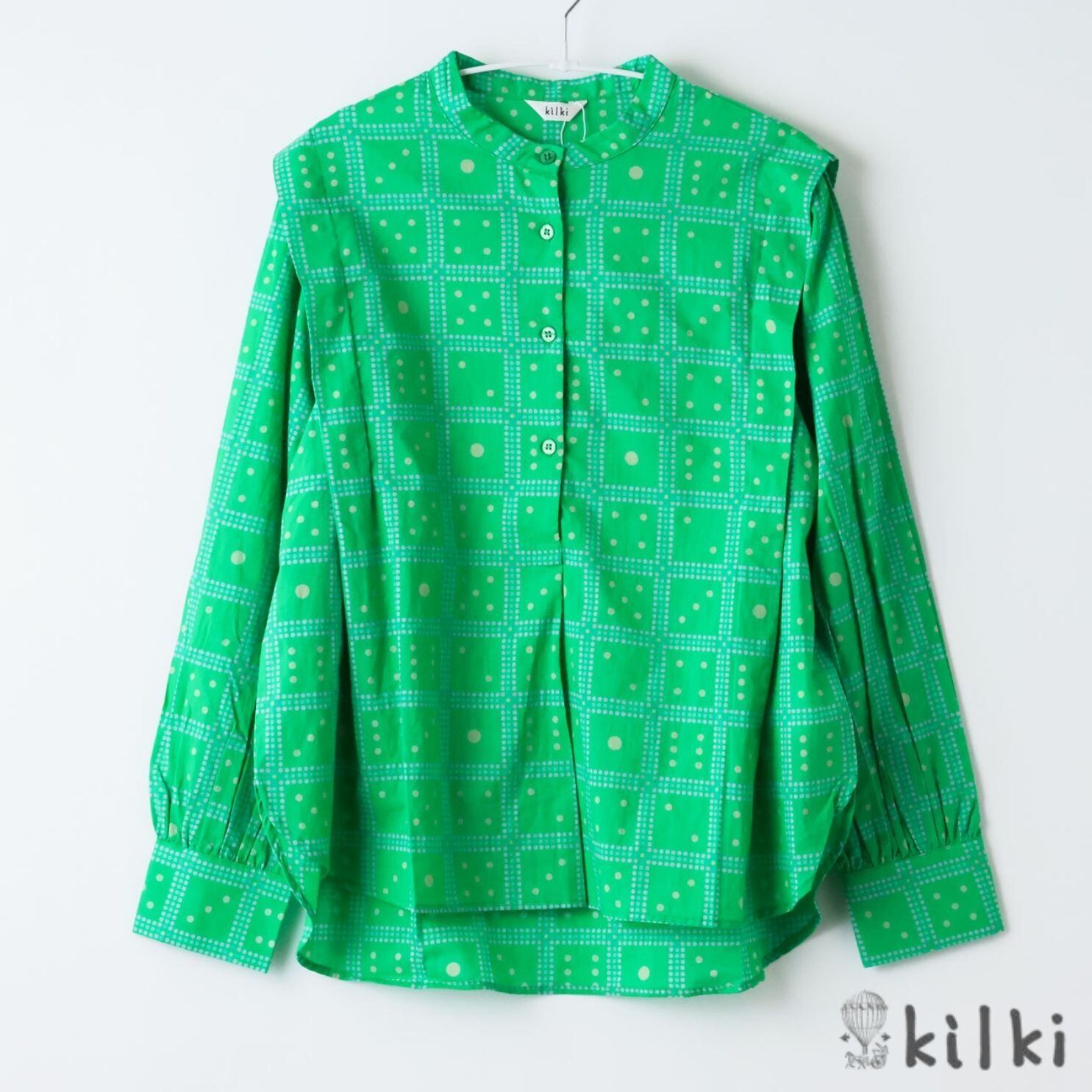 KILKI キルキー ブラウス ダイスチェック レディース おしゃれ 長袖 襟なし シャツ ノーカラーシャツ 女性 綿 コットン 100% キャンブリック チェック柄 インド製 大人 ギフト プレゼント グリーン 5B-B41 Kl006