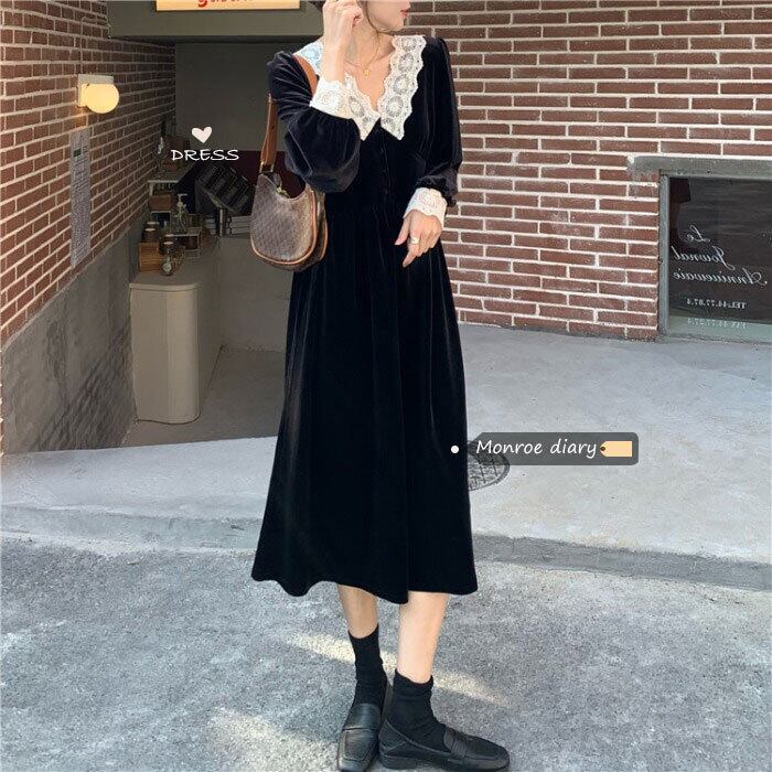 ベルベットドレス レディースブラックオータムウィンタースカート スタンダードロング レトロ 秋物 冬物 モンロー88193116984