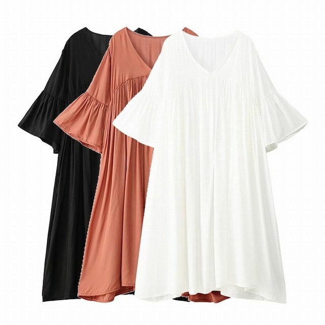 レディース ワンピース チュニック フレア袖 ハイウエスト ギャザー 春コーデ 夏コーデ 秋コーデ / Chic very popular platy dress (DCT-593658490330)