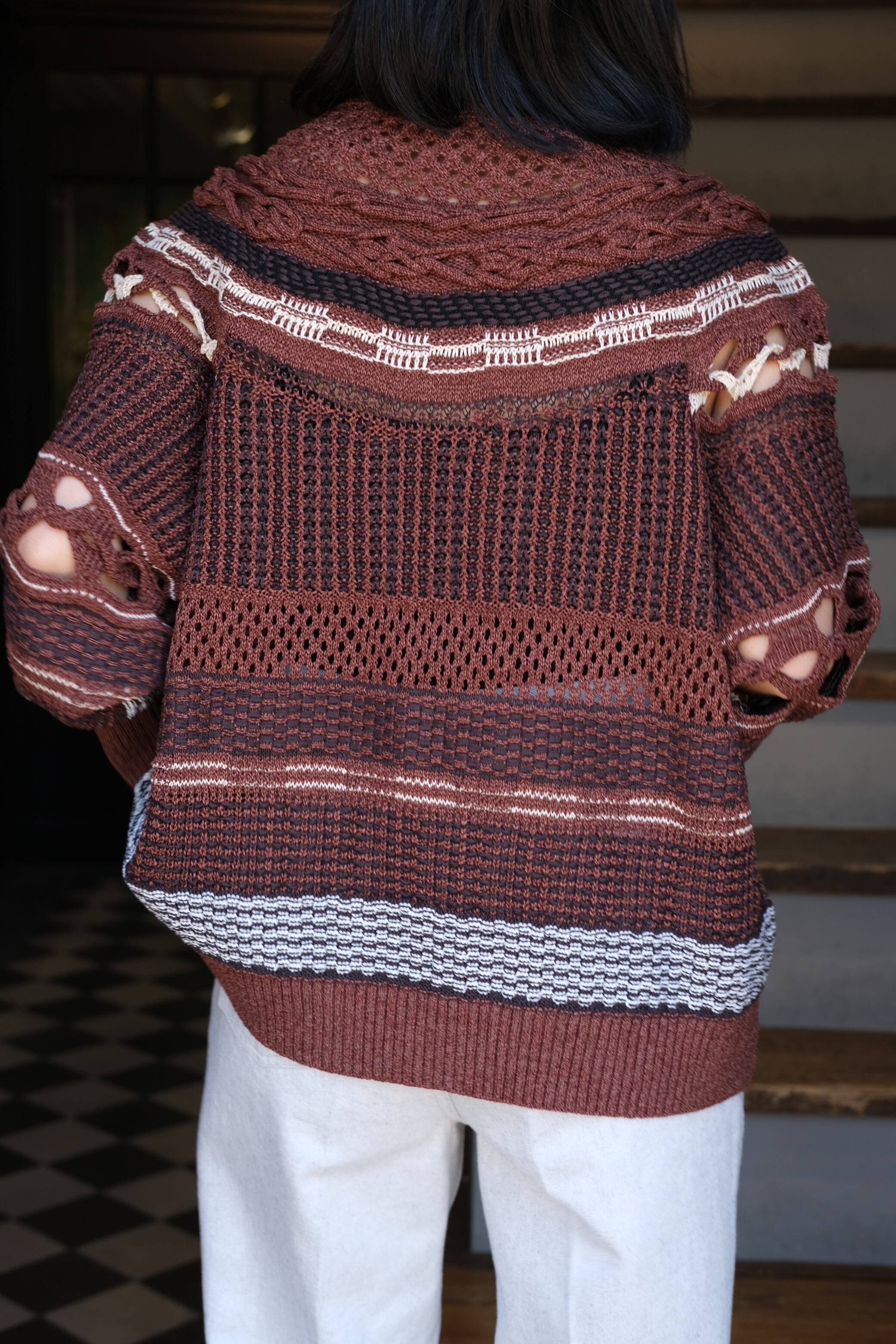 Mame Kurogouchi】Bamboo Basket Pattern Knitted Top - brown | loop