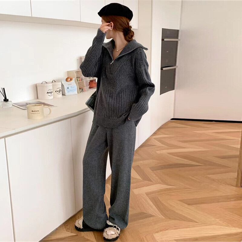 【set】ファスナーニットセーター×ワイドパンツセット M25859