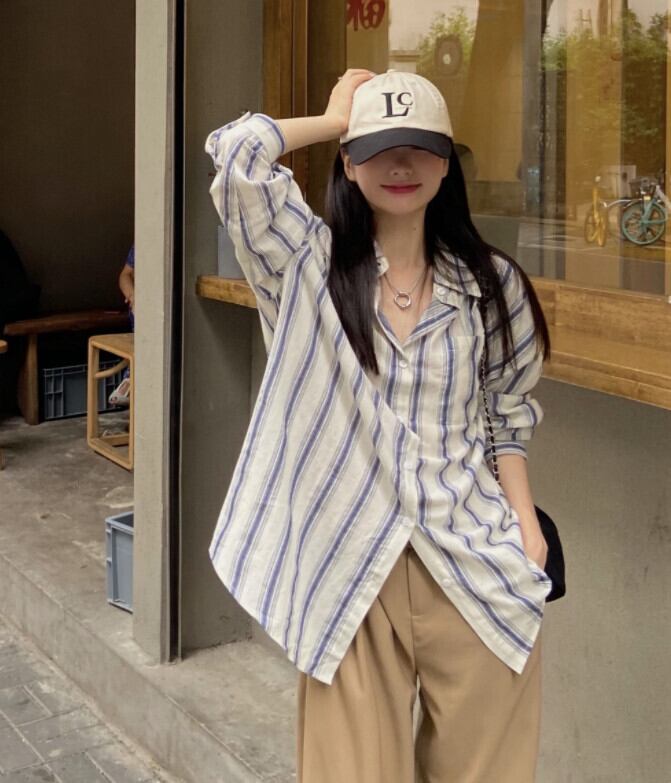 オータムストライプスタイルルーズシャツ 秋物 モンロー15758237906