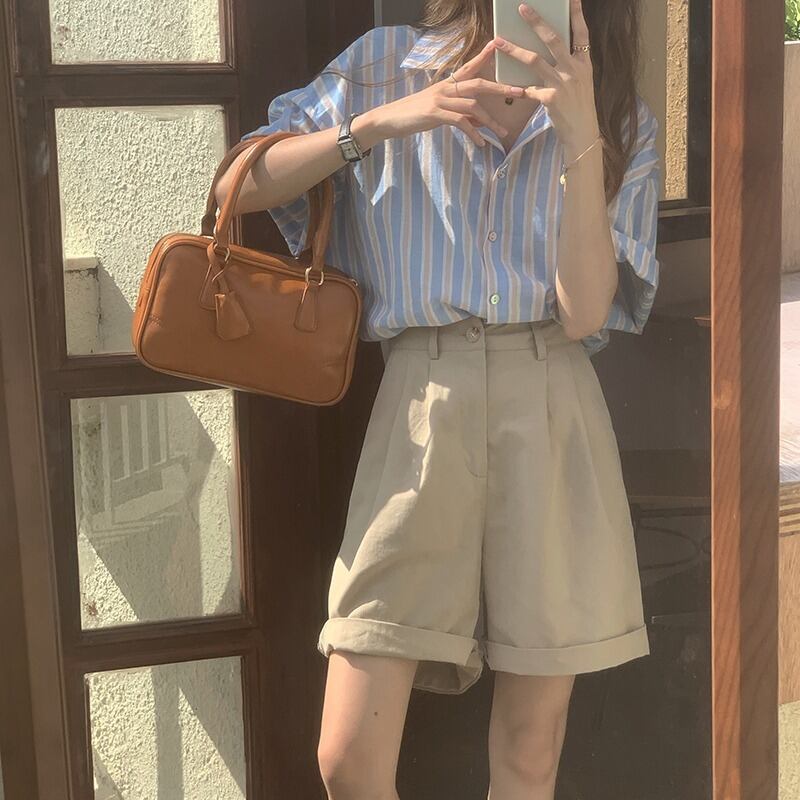 ストライプシャツ トップス サマー薄手スタンダードルーズ レトロ 夏物 1号婦人61001563943