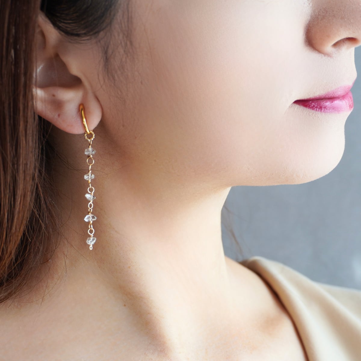 イヤリングチャーム つけ替えチャーム 14KGF ハーキマーダイヤモンド 天然石 揺れる 大ぶり ロング 大人 エレガント