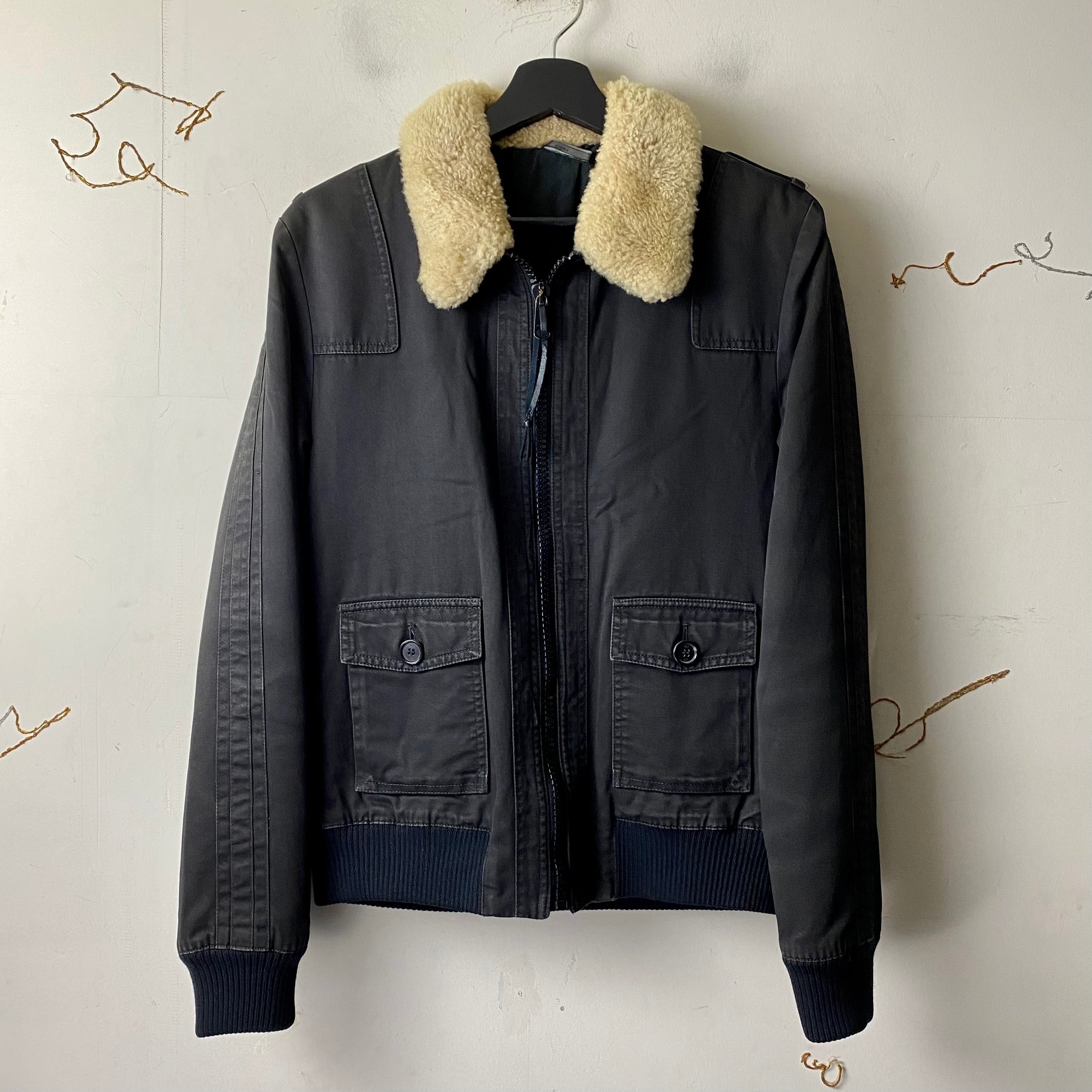 2005AW DIOR HOMME black cotton riders jacket with boa collar 