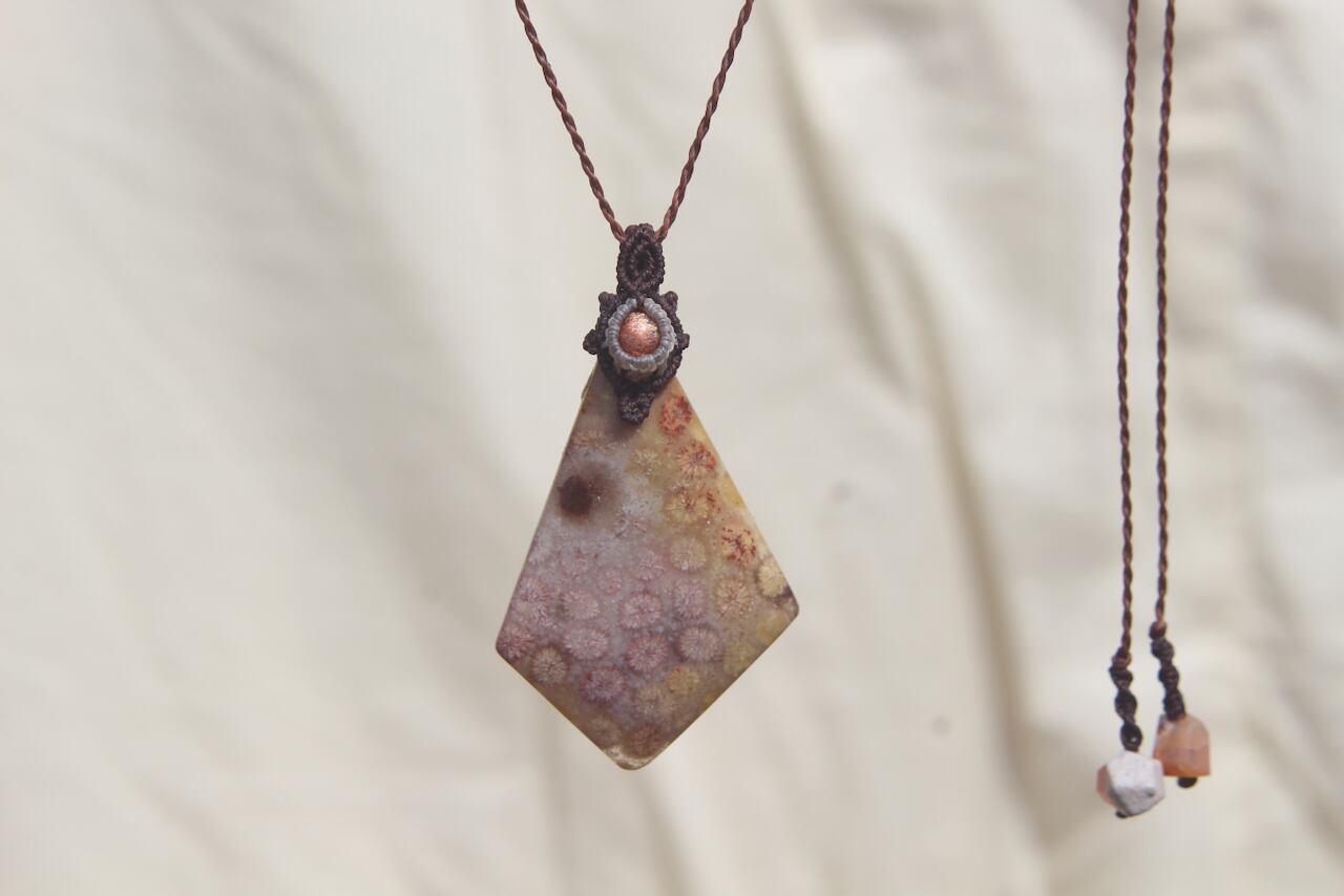 Fossil Coral & Sunstone micro macrame pendant