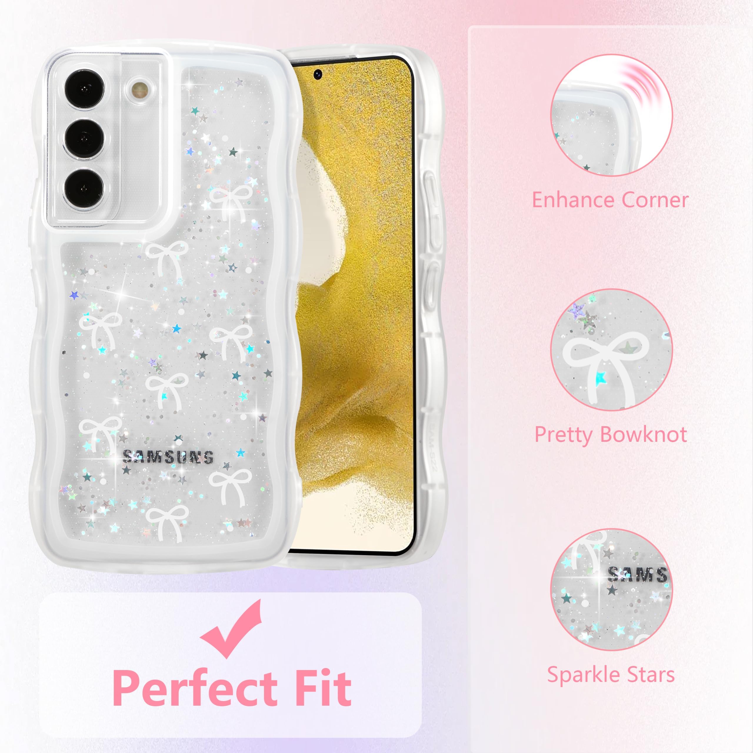 ZTOFERA Samsung Galaxy S22ケース用、クリア透明可愛いうねうね波状