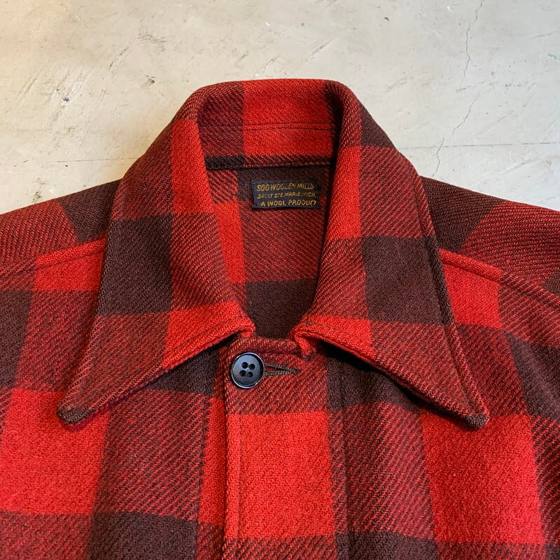 30's 40's SOO WOOLEN MILLS バッファローチェックウールジャケット ハンティング 赤 黒 裏地無し 木製ボタン 珍ポケット  L～XL相当 希少 ヴィンテージ BA-1351 RM1720H | agito vintage powered by BASE