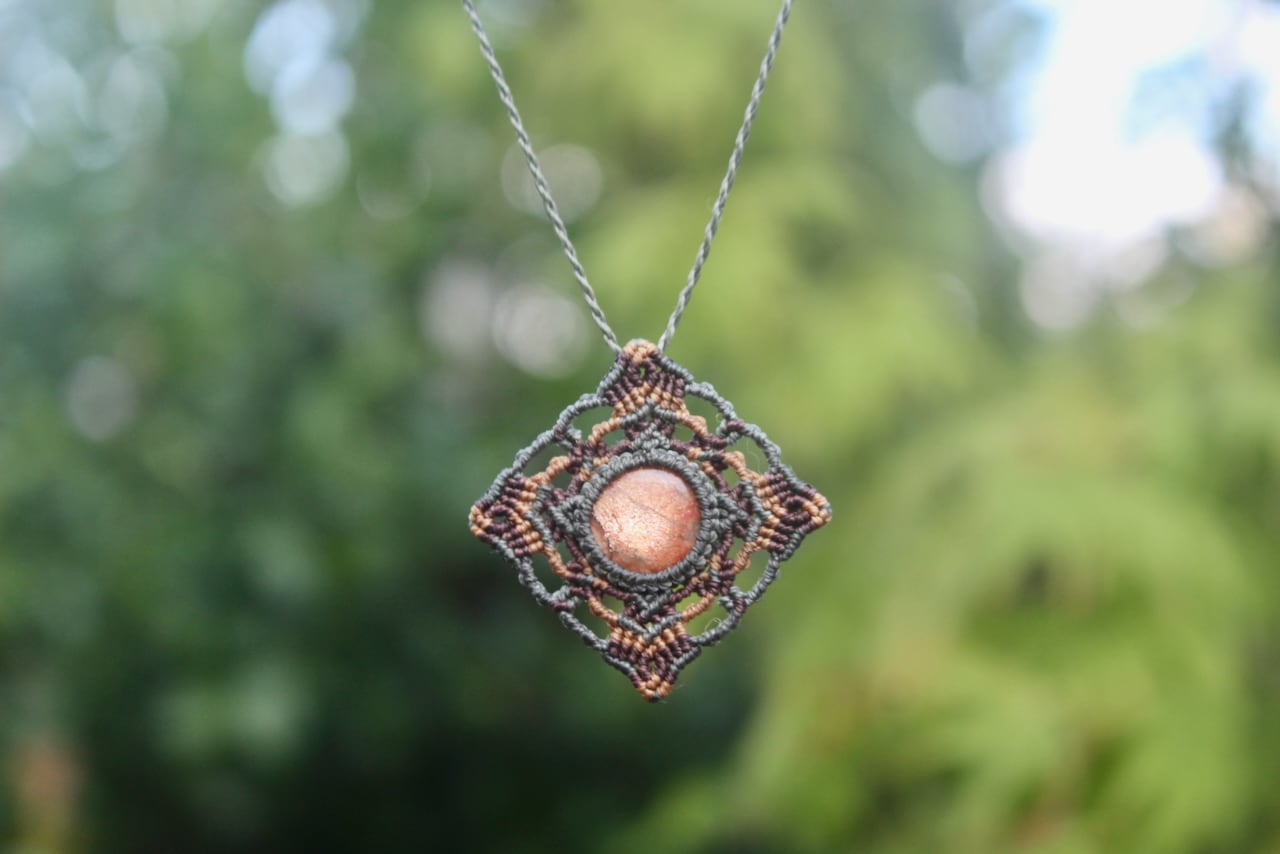 Sunstone micro macrame mandala pendant