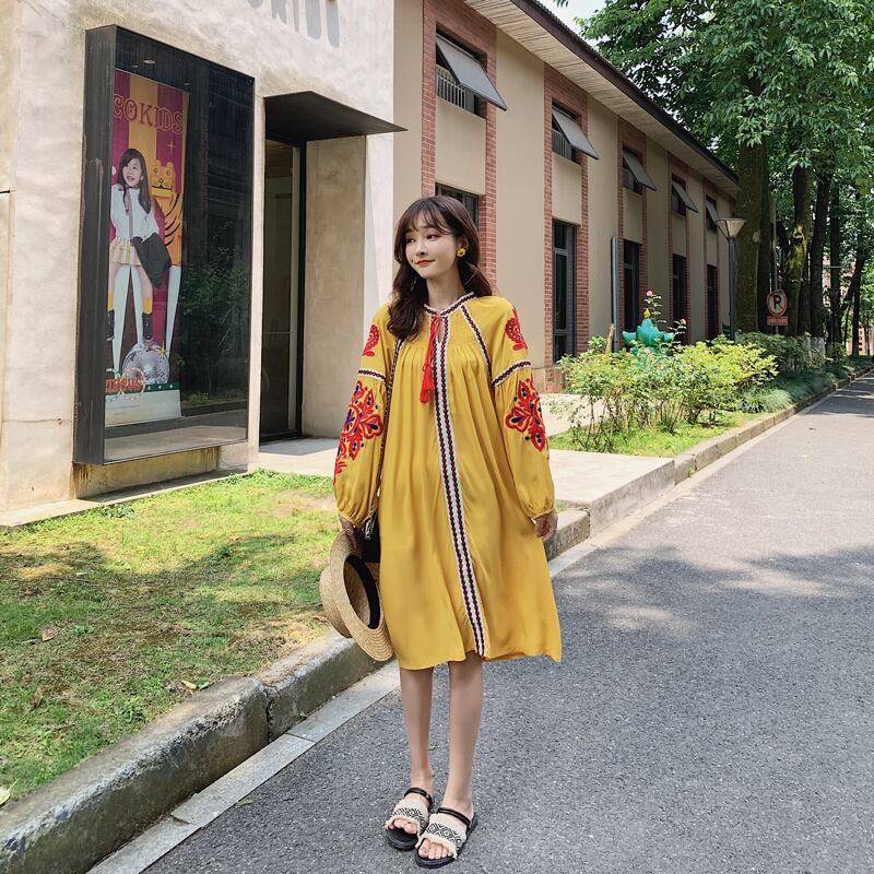 スタンダードスカート エスニックスタイルスリーブ刺繍ドレス ランタンスリーブ レトロ ビーチ 延命家ファッション1100473