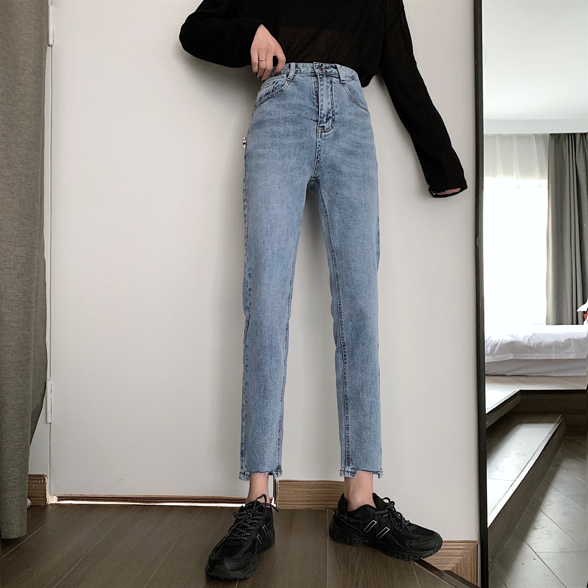レディースジーンズレディースストレートルーズサマー2020ニュースタイルハイウエストスリムストレッチ擦り切れクロップドパンツ 1号婦人62531847315