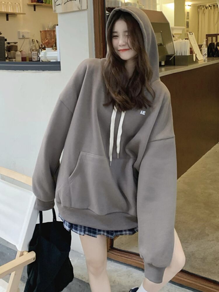 カラーフードスウェット レディースオータムウィンターベルベットルーズトップス 秋物 冬物 スーパーモール36342409011