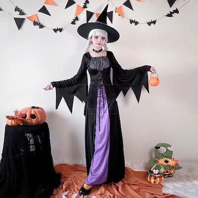 ハロウィンコスチューム大人紫の魔法魔術師ローブ女コウモリ魔女吸血鬼