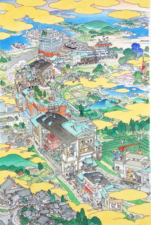 山口晃 版画作品「島尽鐵道圖  ed./100」