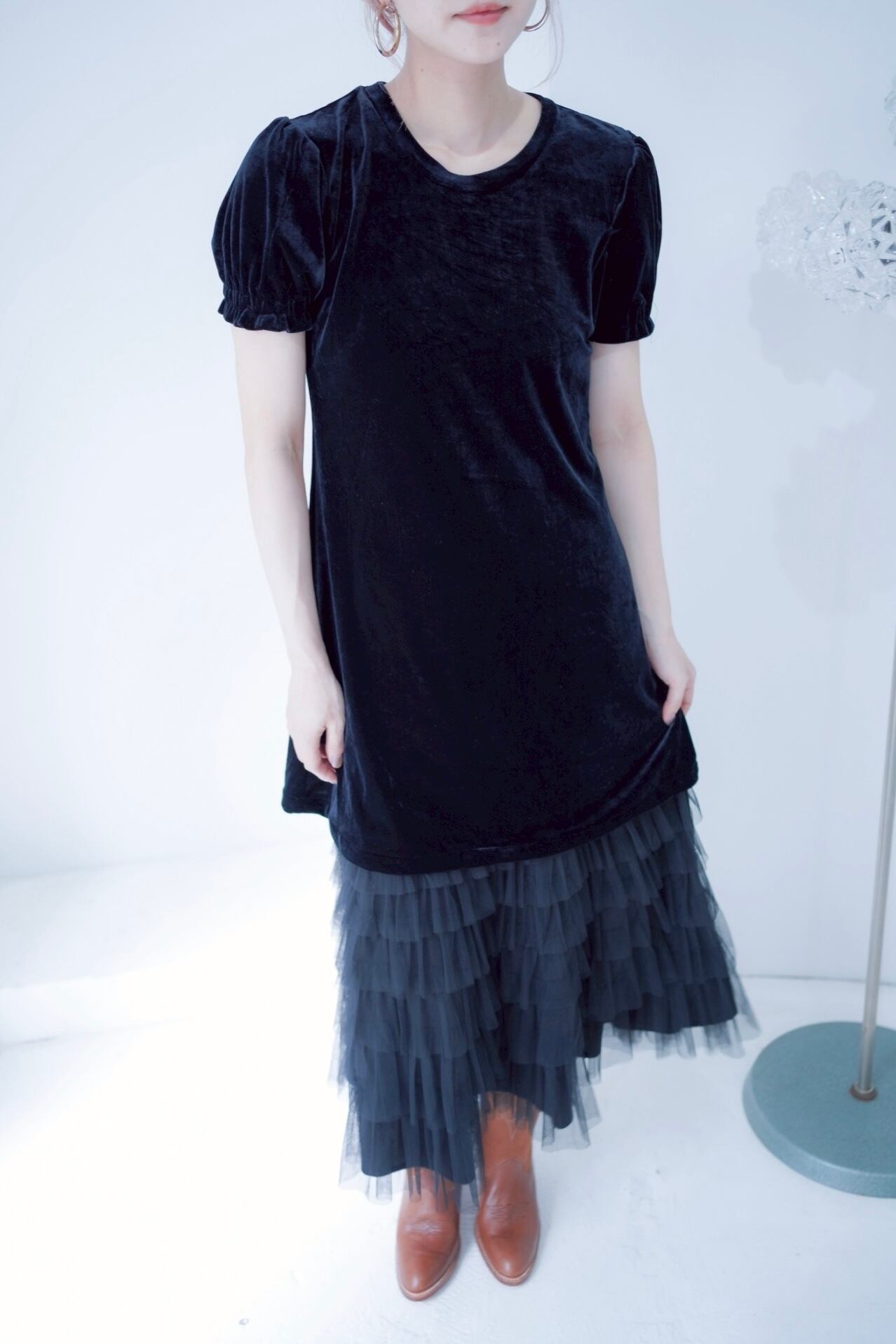 puff sleeve flare velours tops