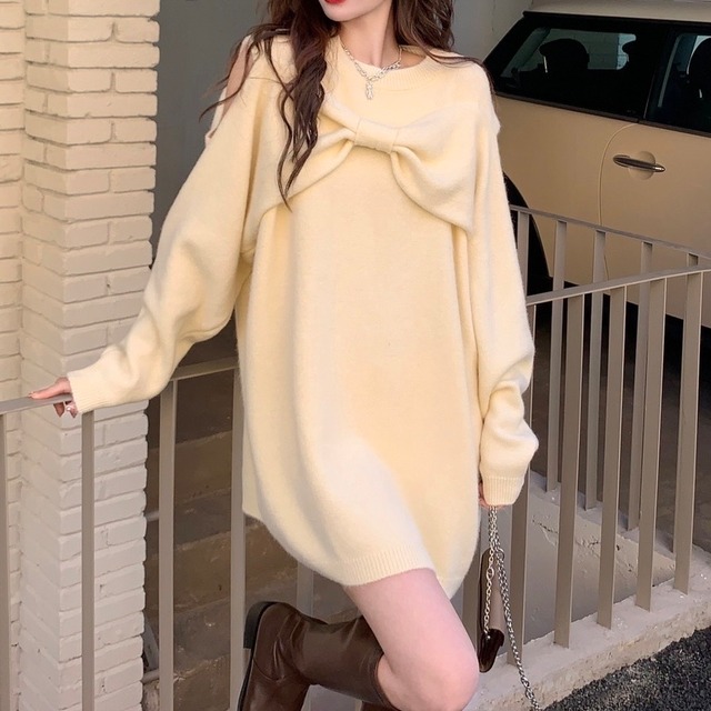 【FREE,2color】フロント リボン 肩あき ワンピース a081