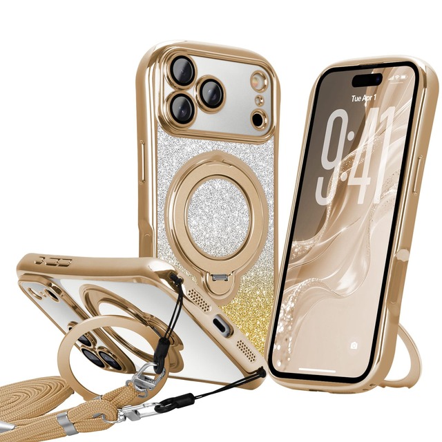 Wirvyuer iPhone 17 Pro Max 用 ケース マグセーフ対応 スタンド付き レンズ保護フィルム付き 耐衝撃(ゴールド)