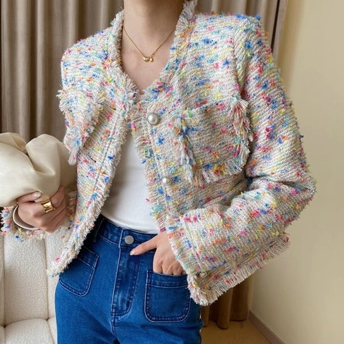 ツイードジャケット レディース ショートジャケット ミックスツイード 長袖 ノーカラー フリンジ パールボタン ポケット パステルカラー カラフル エレガント きれいめ 上品 カジュアル おしゃれ