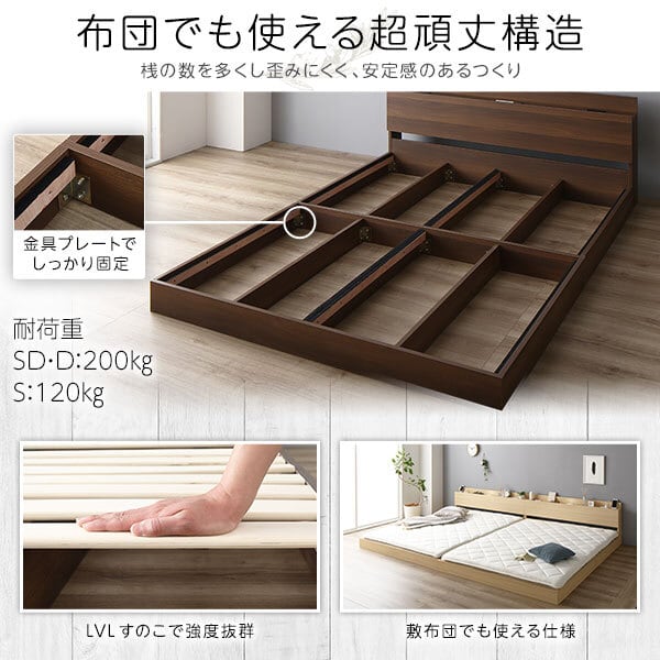 ベッド 低床 ロータイプ すのこ 木製 LED照明付き 宮付き 棚付き コンセント付き シンプル モダン ブラック ダブル 