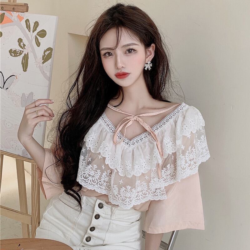 レースバンドブラウス サマーシャツ 大人ガーリー スウィート キュート カジュアル 夏物 ガールズファッション33991994930