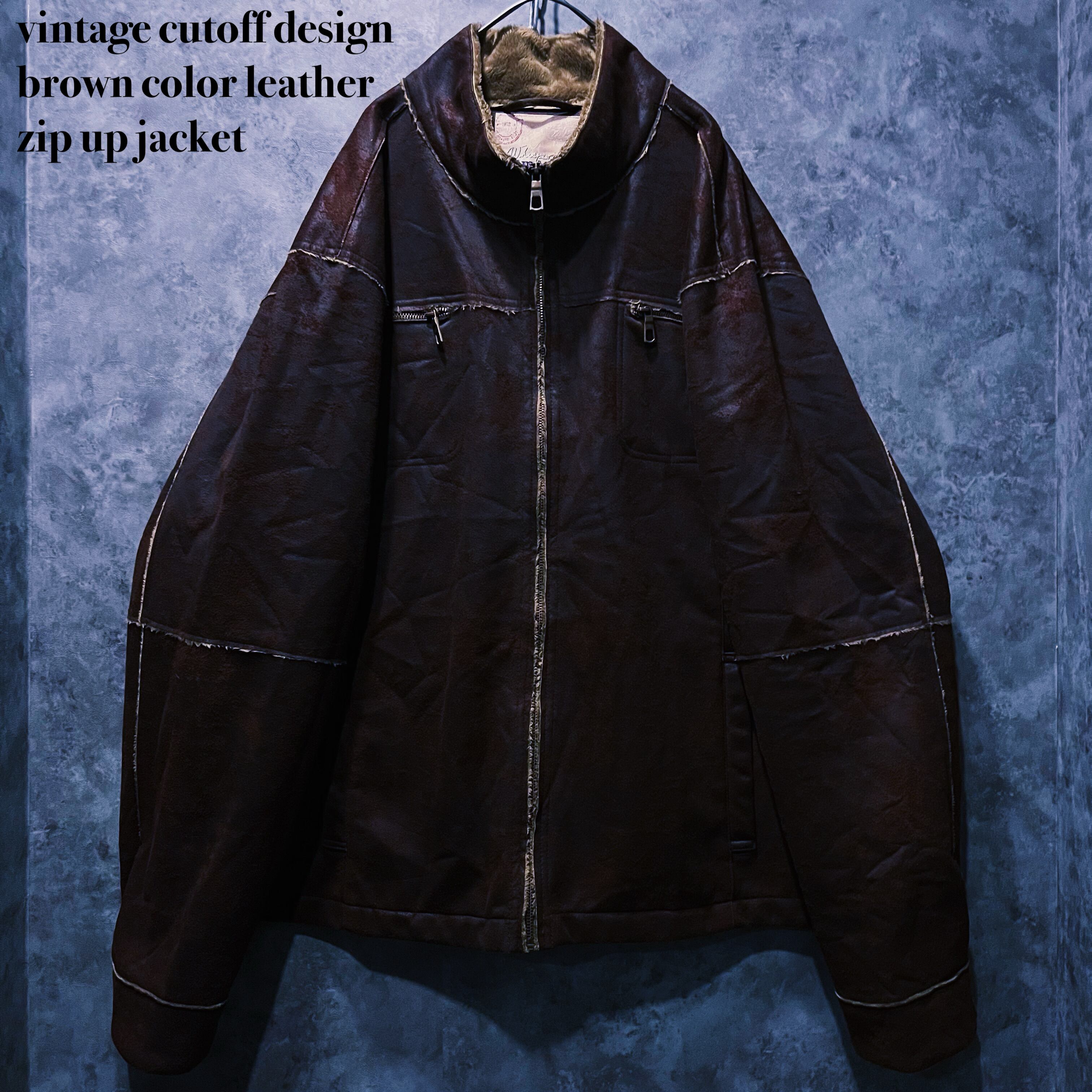 【doppio】vintage cutoff design brown color leather zip up jacket