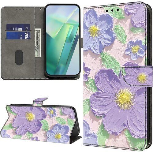 Tdcqssrs Galaxy S24 FE ケース 手帳型 5G galaxy s24 fe ケース PUレザー サムスン ギャラクシーs24 fe ケース カード収納 おしゃれ samsung galaxy s24fe スマホケース 財布型 スタンド機能 サムスンs24fe 手帳ケース マグネット内蔵 人気 上質 s24 fe カバー 軽量 防水 耐摩擦 紫の油絵の花 3564