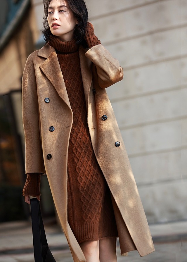 カシミヤブレンドベルト付きチェスターコート-キャメル