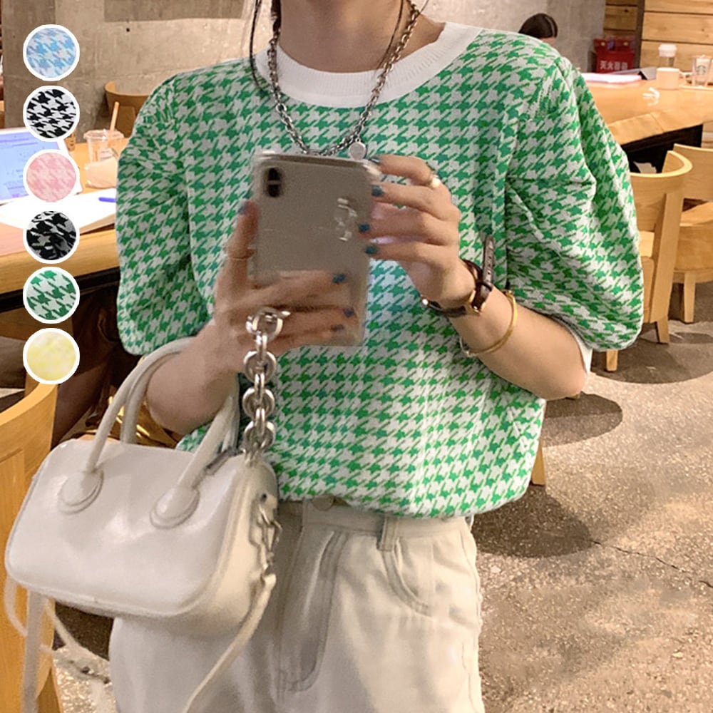 千鳥柄サマーニット レディース夏服半袖 パフスリーブ ラウンドネック