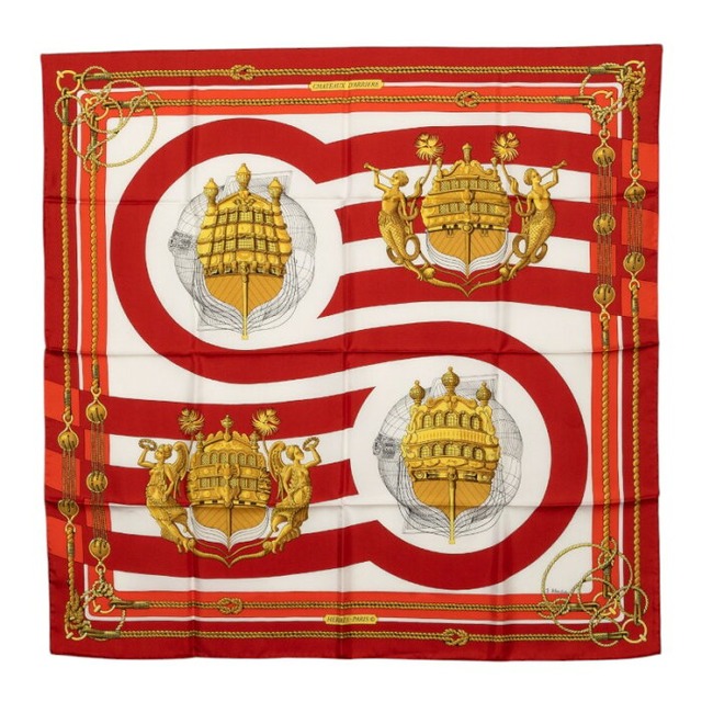 エルメス カレ90 CHATEAUX D'ARRIERE 艫飾り スカーフ レッド シルク レディース HERMES 【中古】