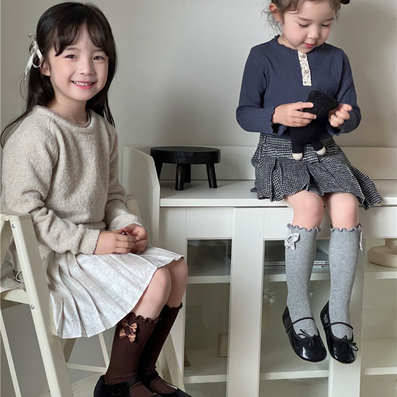 秋フリル蝶結びリプハイソックス
