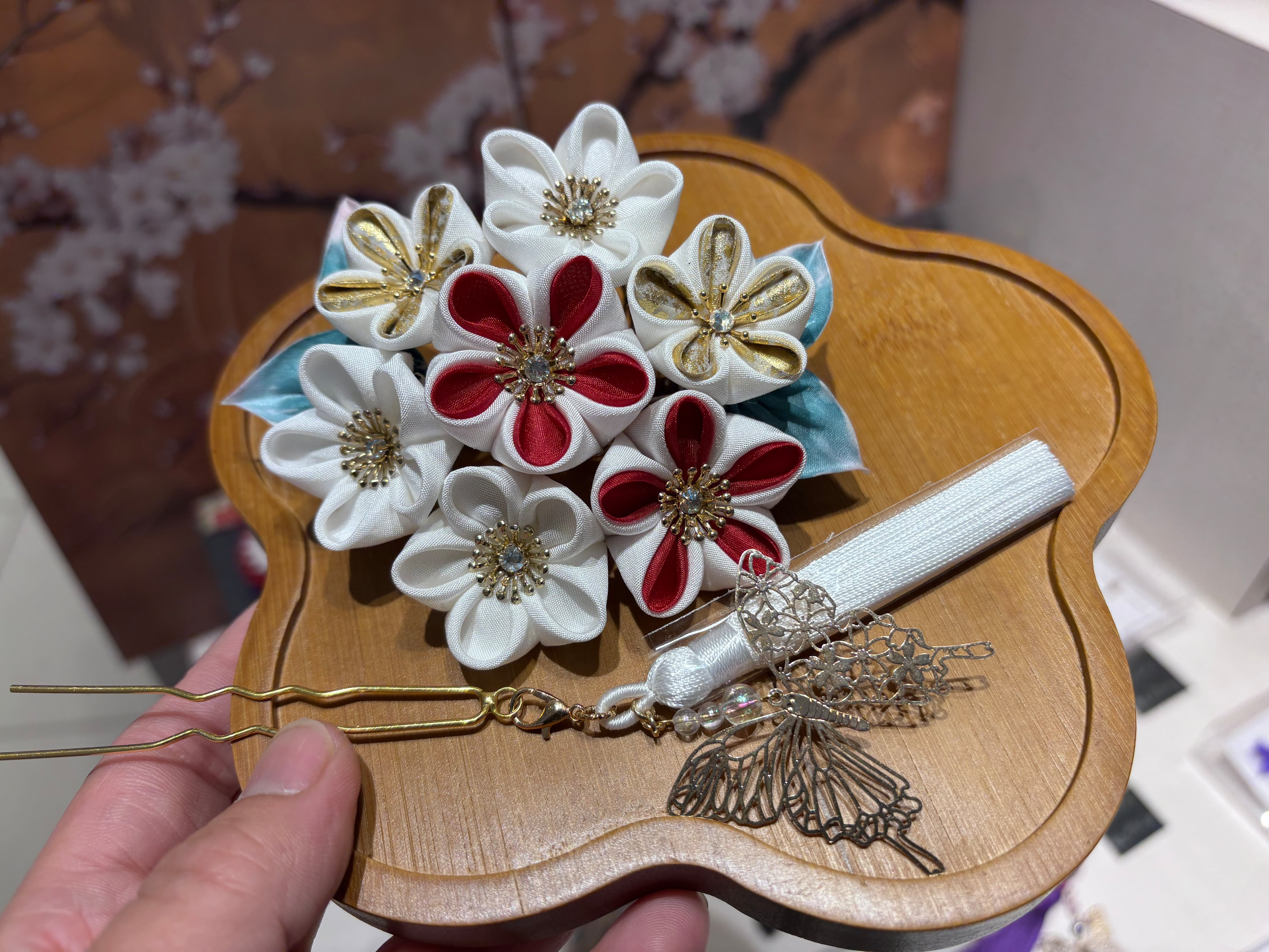 本絹 髪飾り 花かんざし 桜色 真珠 ハンドメイド バレンタイン 卒業式 