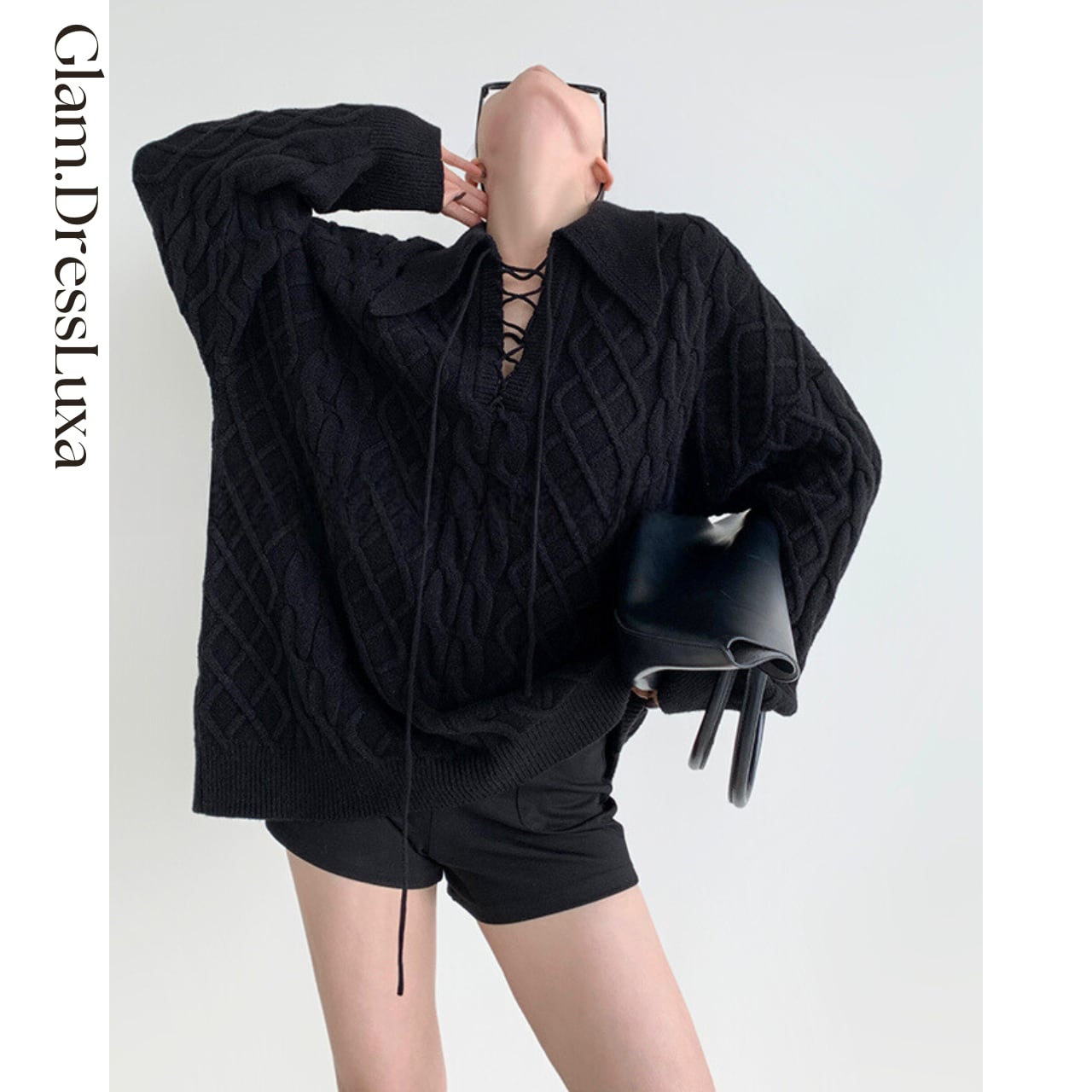 レースアップ ケーブルシャツニット/3color_T1045