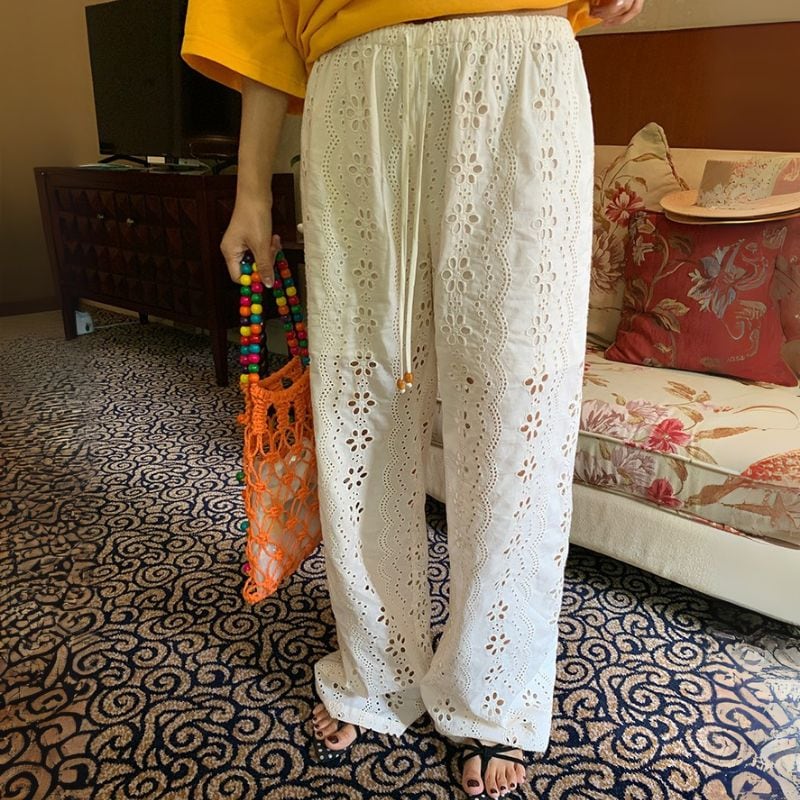 Eyelet embroidery drawstring wide pants 00474