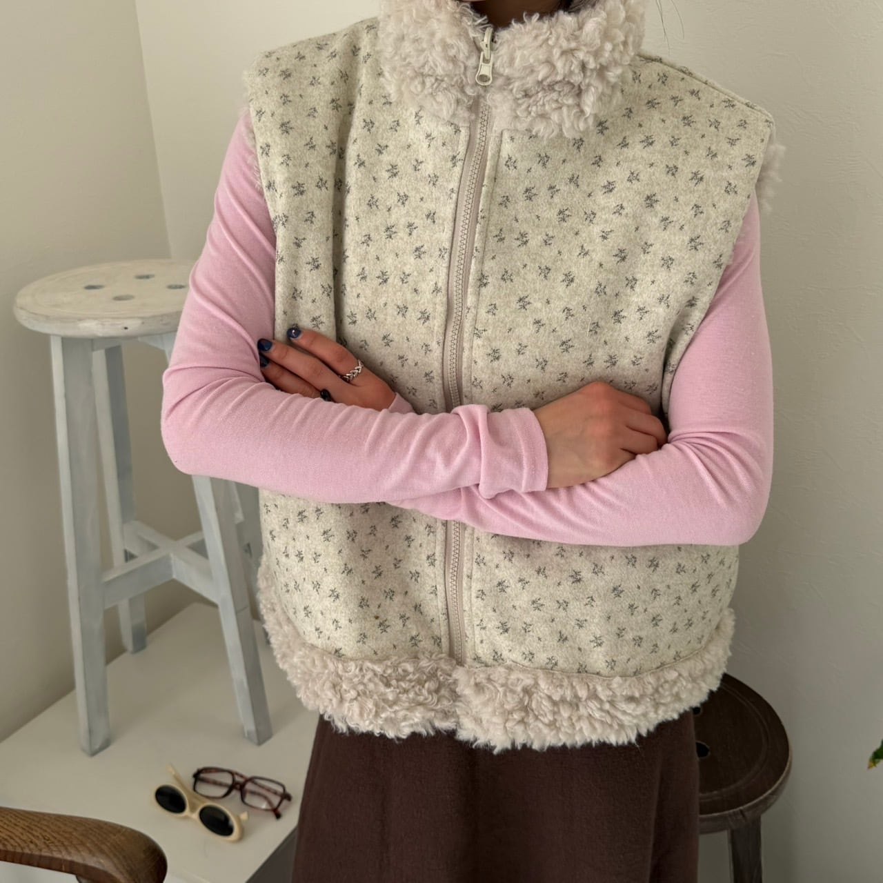 花柄リバーシブルボアベスト_LN03740 | lanan(ラナン)