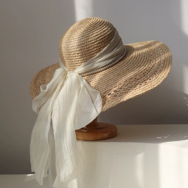 Chiffon ribbon pearl straw hat　B662