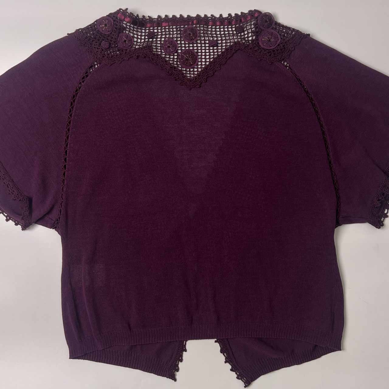 HIROKO BIS ヒロコビス リボン メッシュデザイン 半袖 コットン ニット カーディガン 9/パープル レディース